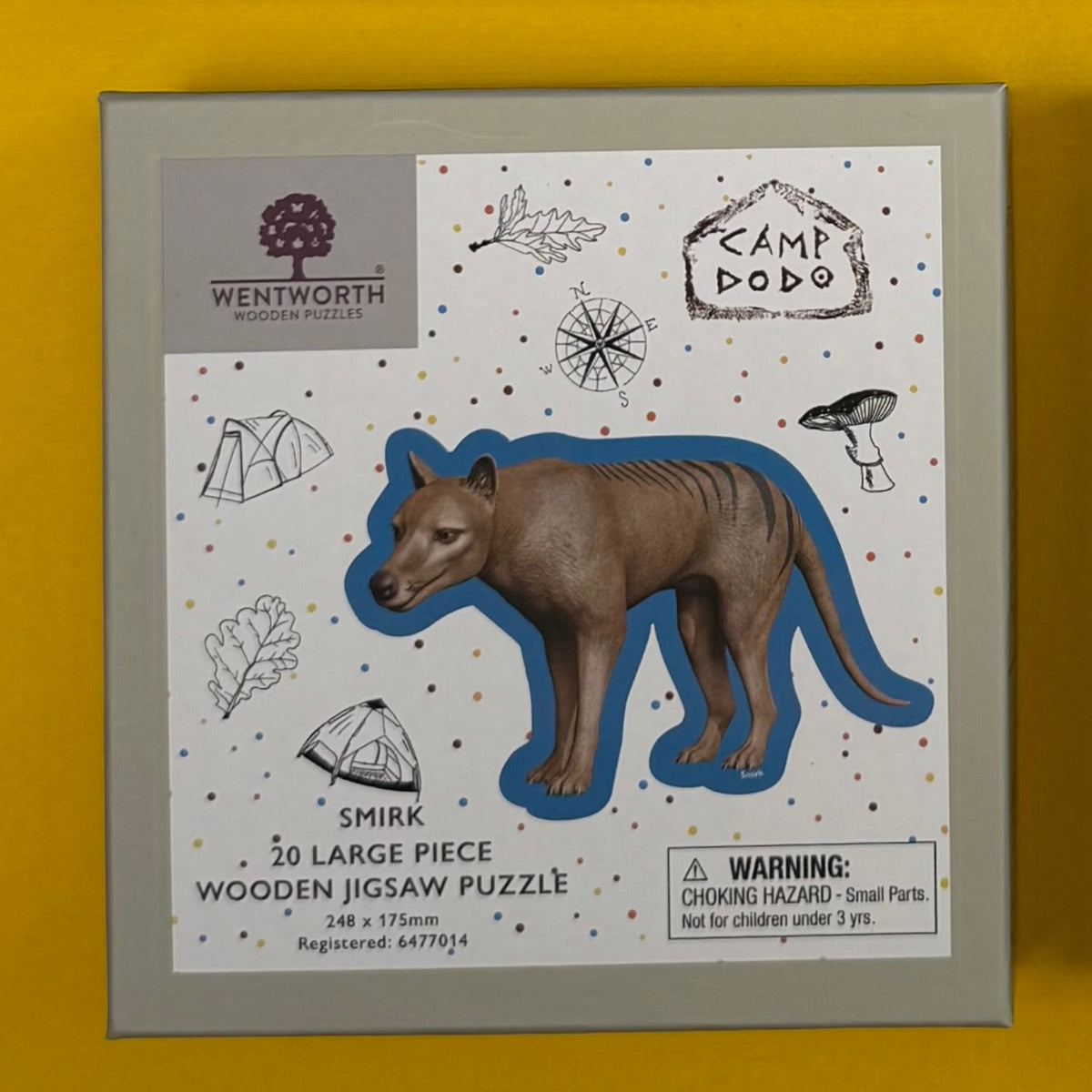 Wentworth Wooden Puzzles 'Camp Dodo' 20 piece wooden jigsaw puzzle in its original packaging, featuring Smirk the Thylacine