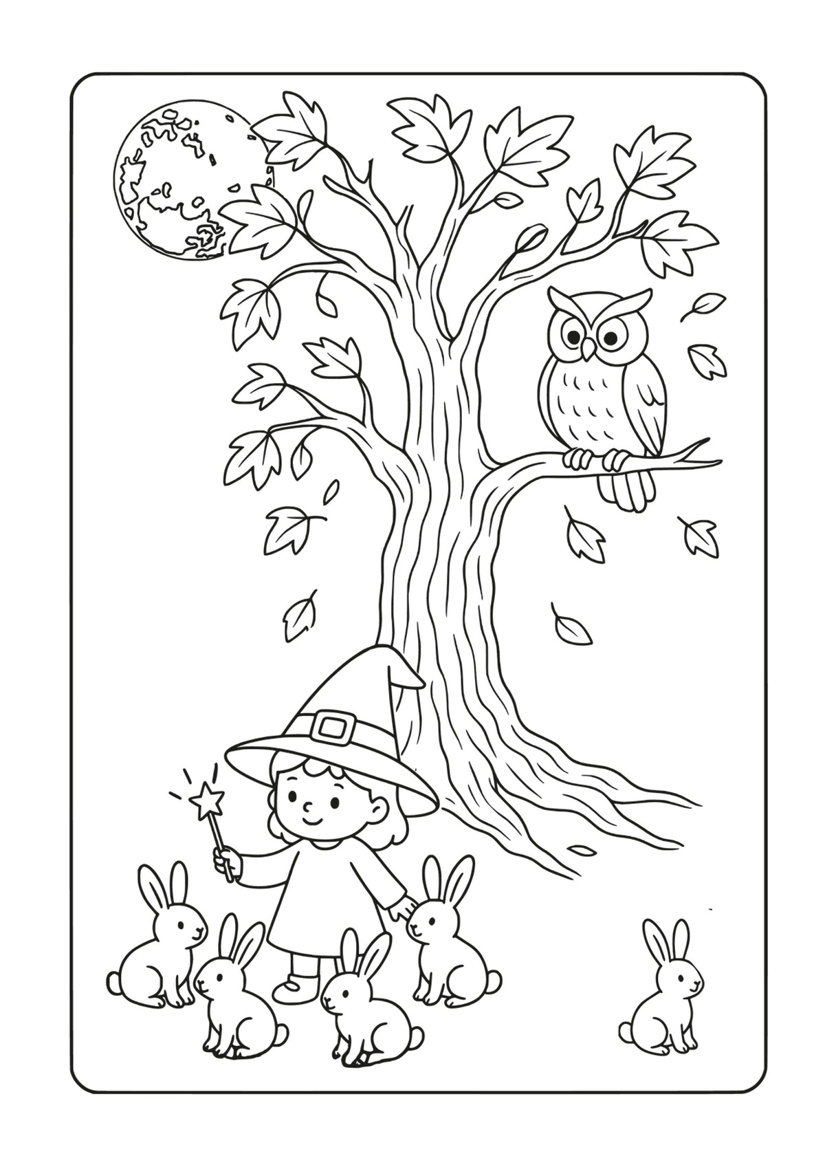 A little witch trains 5 little hares under the watchful eye of an owl in the moonlight