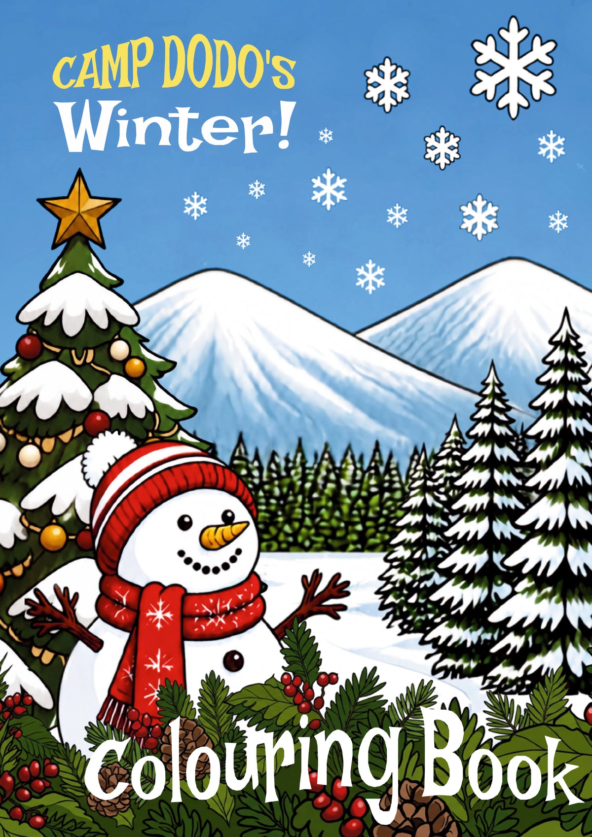 Front cover of a children's colouring book titled 'Camp Dodo's Winter!' showing a festive winter landscape with a snowman in a red hat and scarf, a decorated Christmas tree, evergreen trees, mountains, and snowflakes on a blue sky.