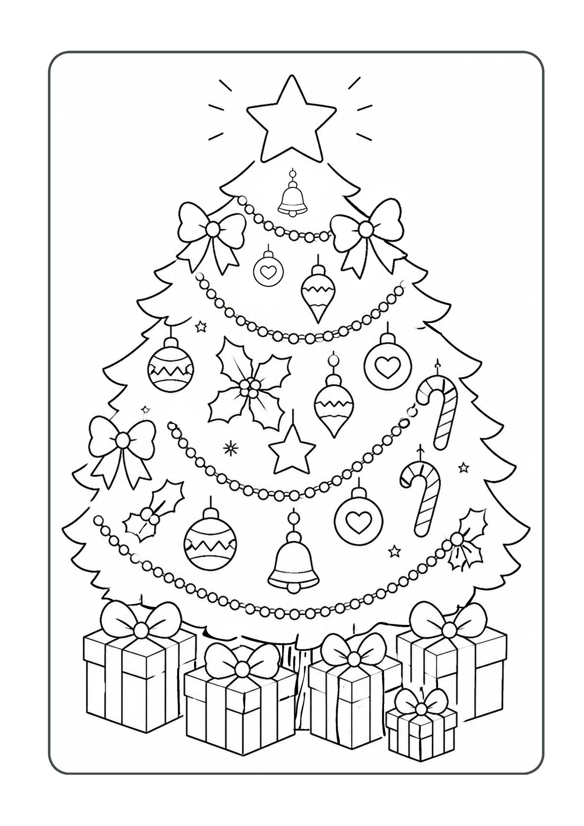 Black and white line art illustration of a decorated Christmas tree with ornaments, candy canes, holly, gifts, and a star, shown on a white background.