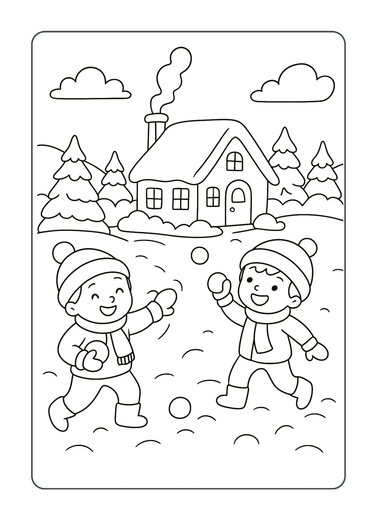 Black and white line art colouring page depicting a cosy winter scene with two children playing with a ball in front of a snow-covered house and pine trees.