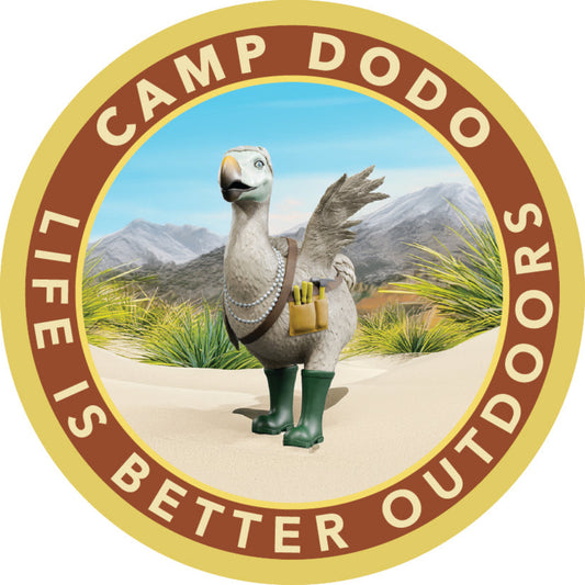 Camp Dodo circular iron-on patch.  Featuring Dulcie Dodo wearing her tool belt.  Strap line 'Life is better outdoors.